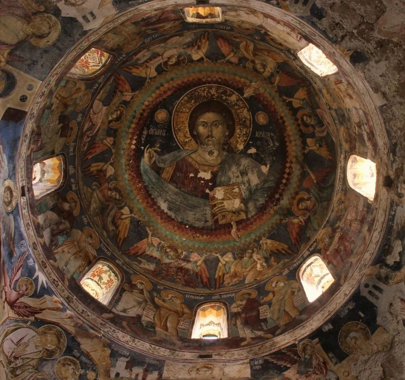 Byzantine frescoes covering the dome of a church near Korçë