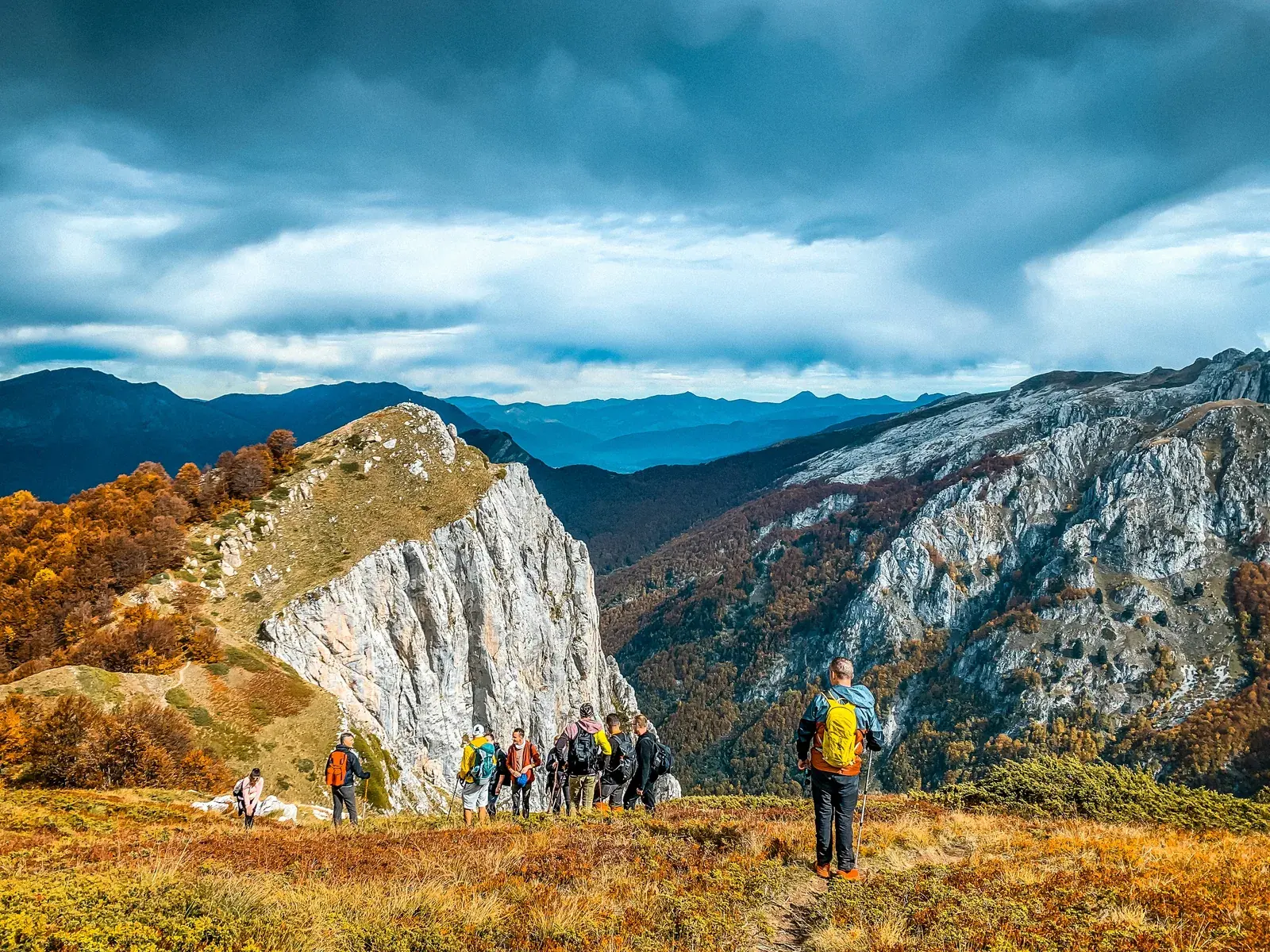 Walkers on a high ridge in the Albanian Alps