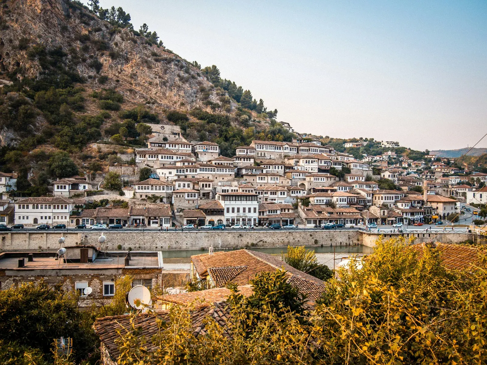The stacked Ottoman houses of Berat seen across the hillside