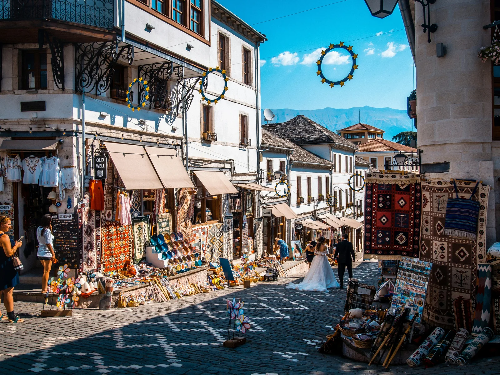 Carpets and stalls in the Ottoman bazaar of Gjirokastër
