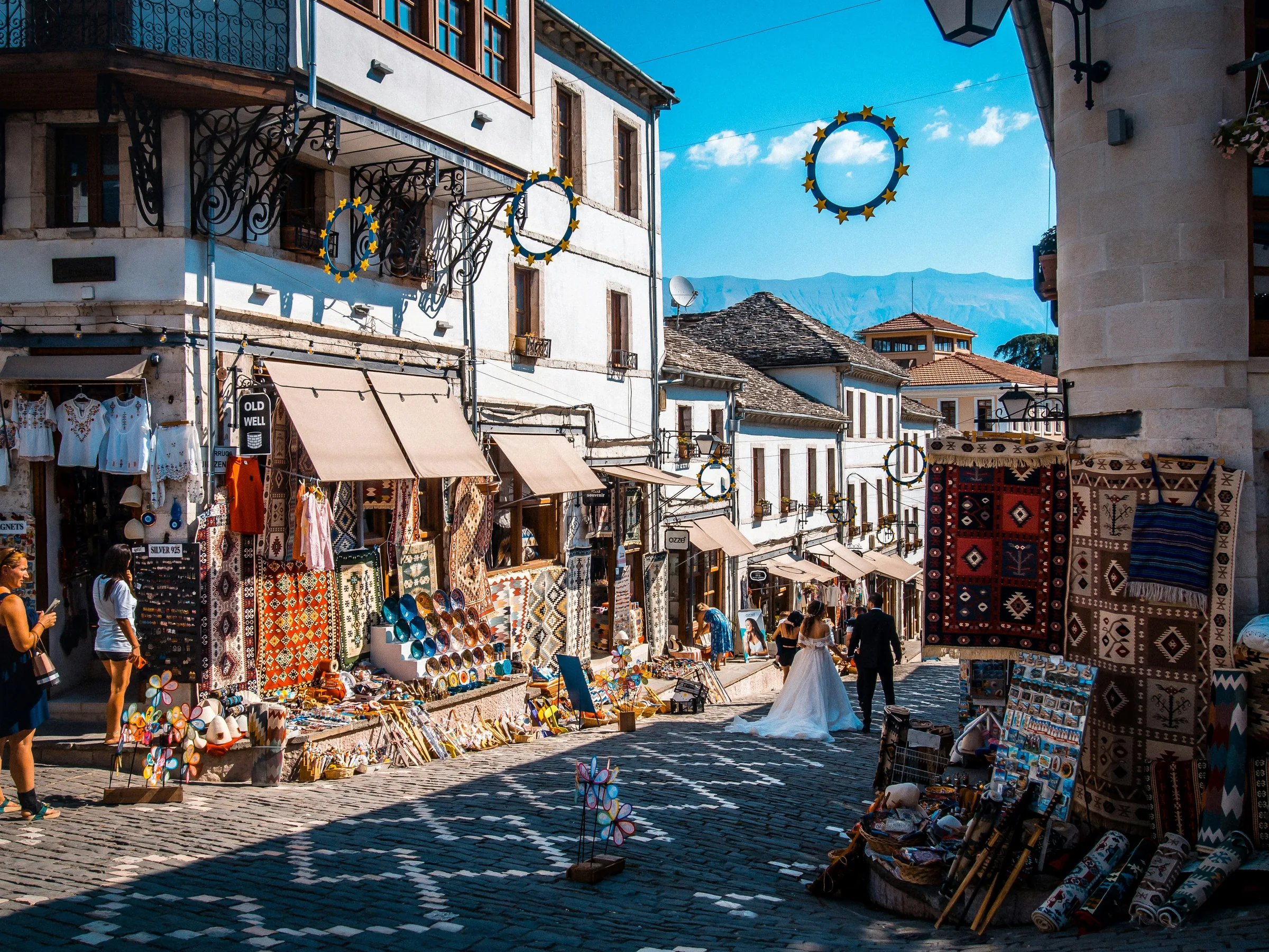 A cobbled bazaar street of Ottoman stone houses in Gjirokastër