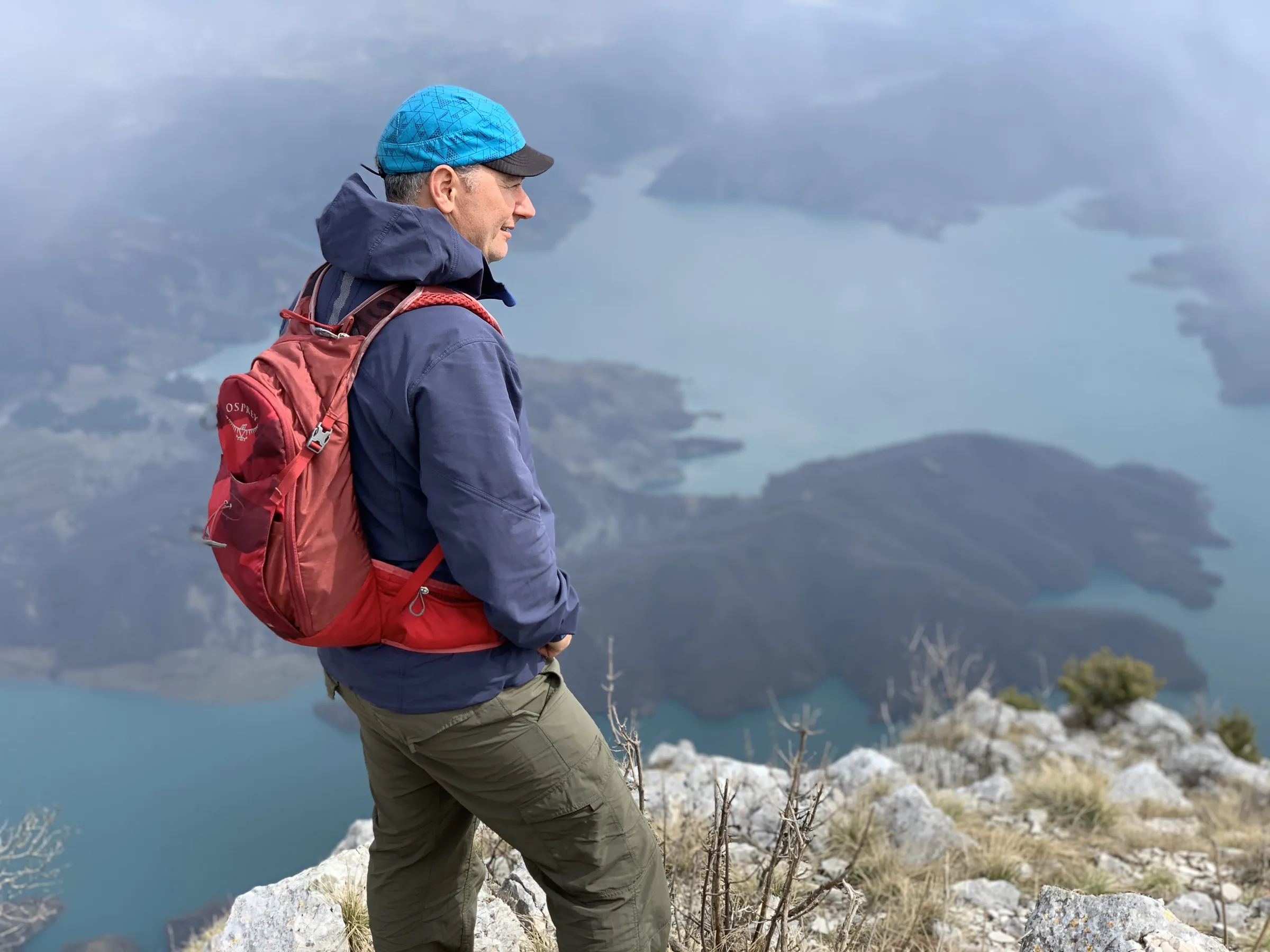 Bleard, Sondor's lead walking guide, on a ridge above a lake in the Albanian mountains